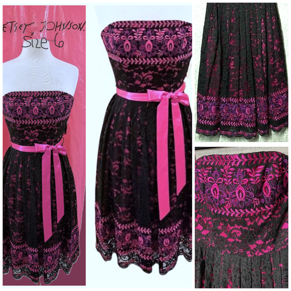 Betsey Johnson Dresses & Skirts - Vtg Betsey Johnson Black Pink Dress 6 Lace Overlay Embroidered Whimsigoth New